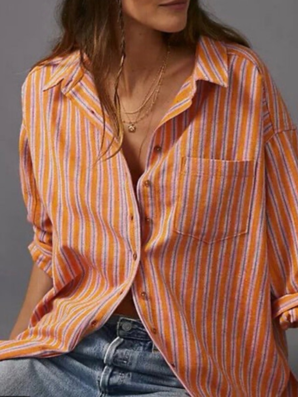 Pilcro Anthropologie Long Sleeve Orange Pink Stripe Button-Up Shirt Sz Medium